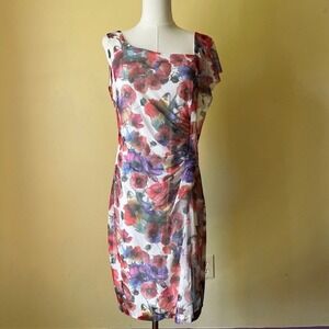 Joseph Ribkoff Floral Mesh Sheath Dress Watercolor Print Ruched Asymmetrical 12